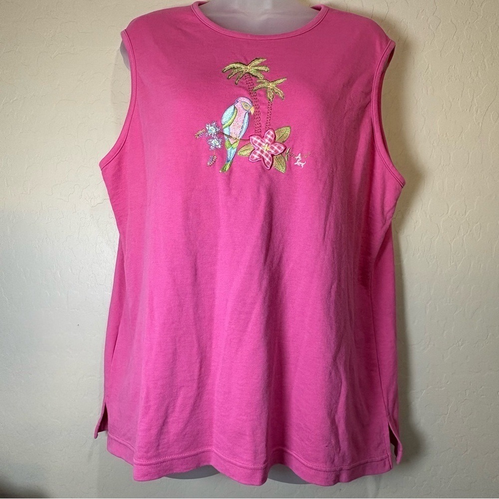 BonWorth Pink Vintage Tank Top with Parrot and Palm Tree Embroidery Women XL - Picture 1 of 5